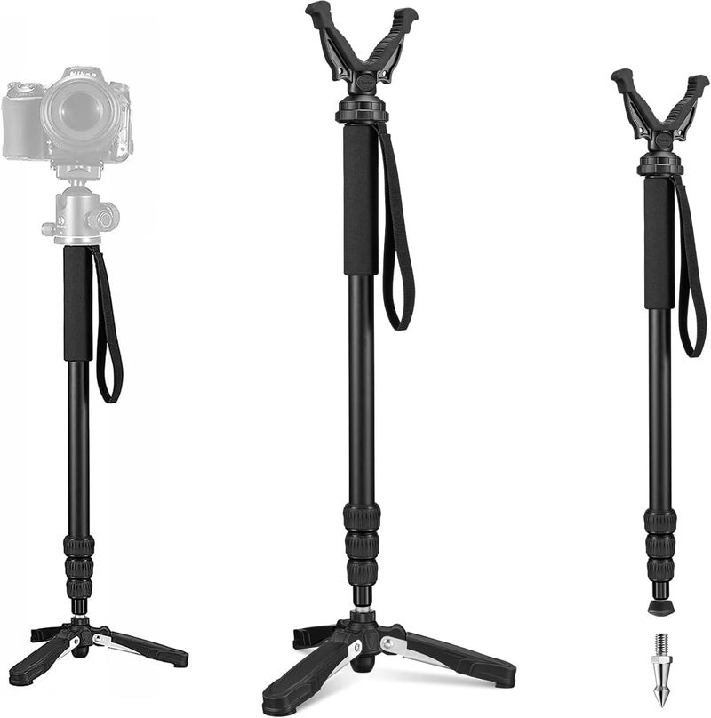 Trakiom Shooting Stick Rifle Monopod with 360° Rotatable V Yoke Rest, Hunting Rifle Tripod with Tri-Stand Base Gun Stick for Shooting and Hunting, Black - Image 1